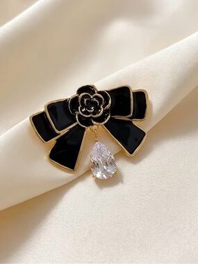 Camellia Black Enamel Bow Brooch with Black Rose and Crystal Drop